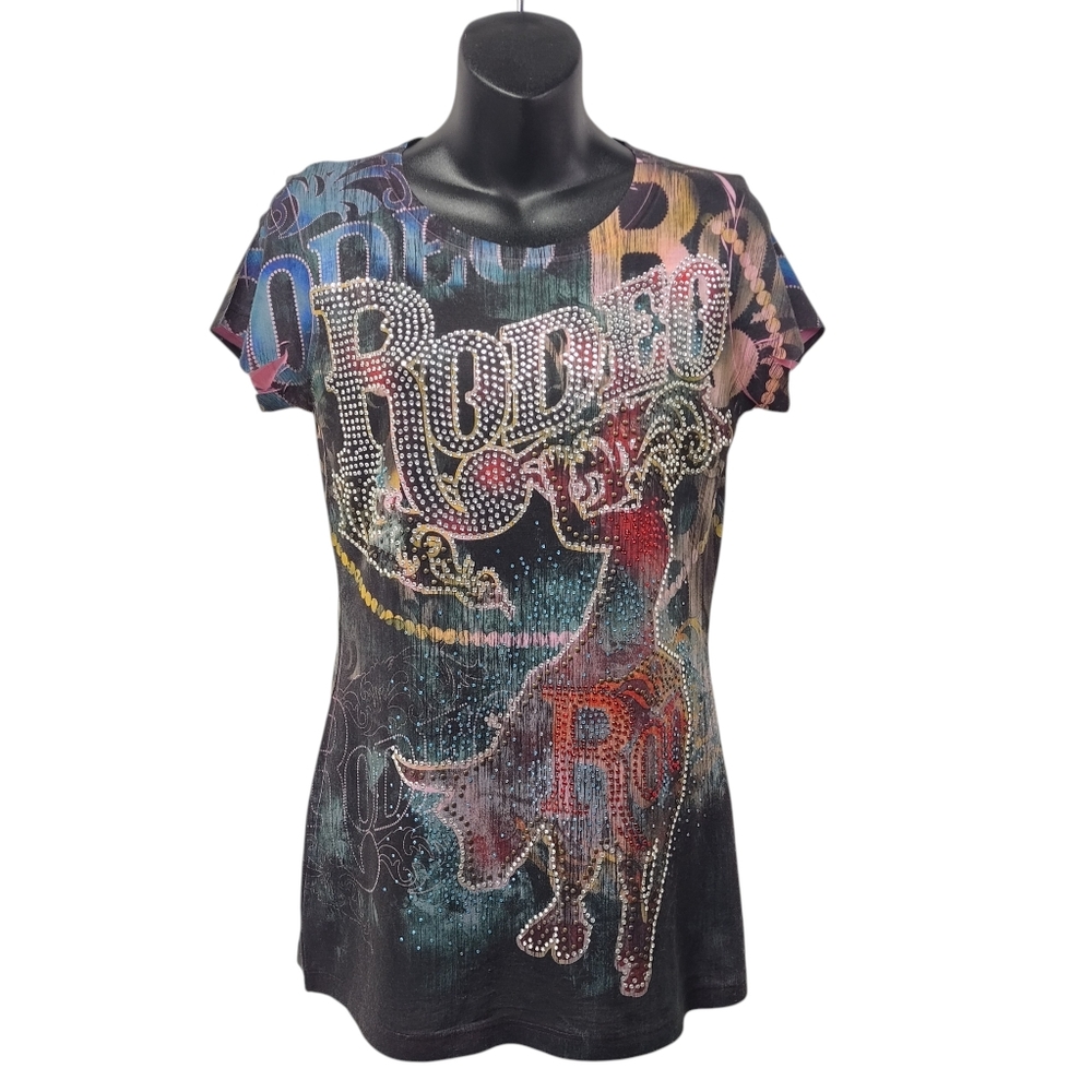 Vintage R. Rouge Women USA Rhinestone Rodeo Graphic T-Shirt Size M Bedazzled Y2K